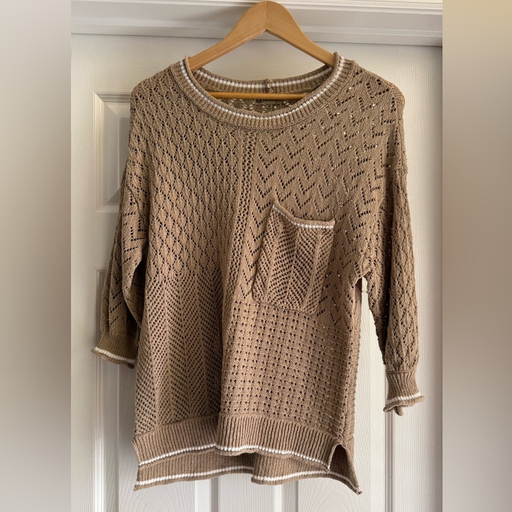 Democracy Crochet Sweater Womens Medium Tan Pointelle Knit 3/4 Sleeve Pocket